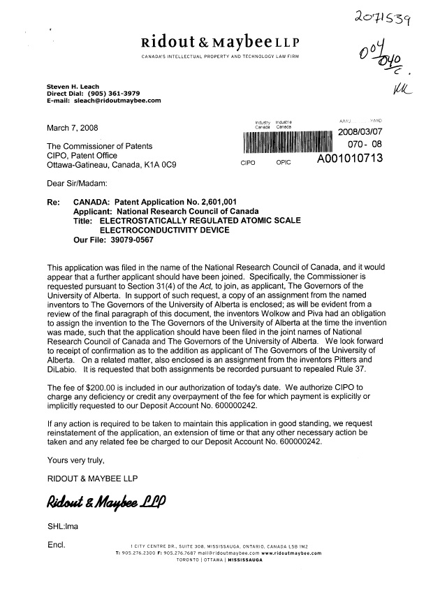 Canadian Patent Document 2601001. Correspondence 20071207. Image 1 of 1