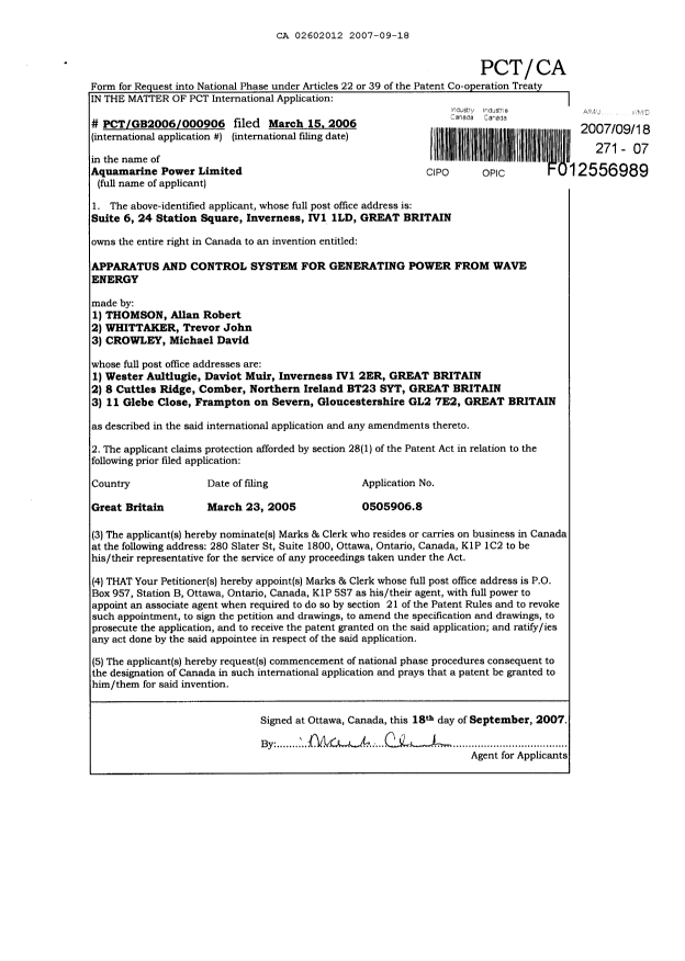 Canadian Patent Document 2602012. Assignment 20070918. Image 2 of 2
