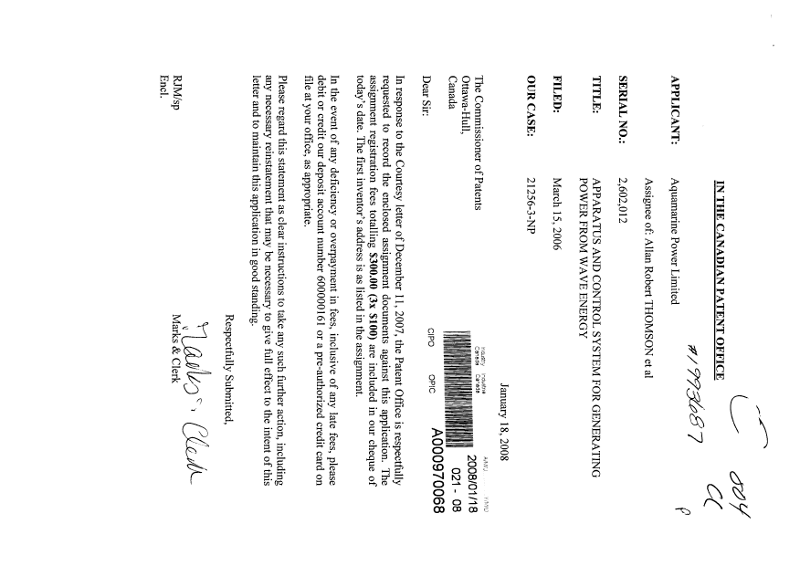 Canadian Patent Document 2602012. Assignment 20080118. Image 1 of 4