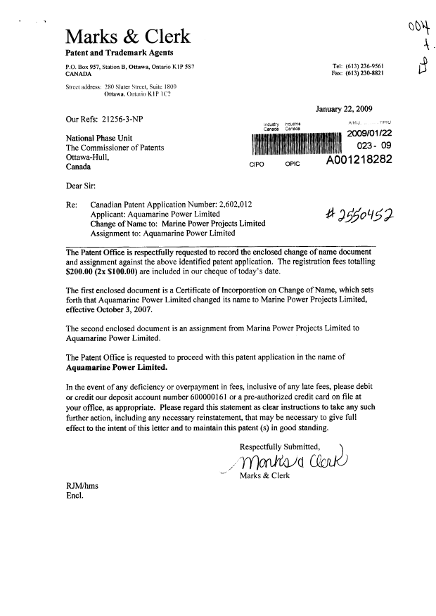 Document de brevet canadien 2602012. Cession 20090122. Image 1 de 6