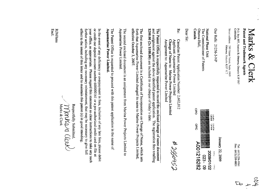 Canadian Patent Document 2602012. Assignment 20090122. Image 1 of 6
