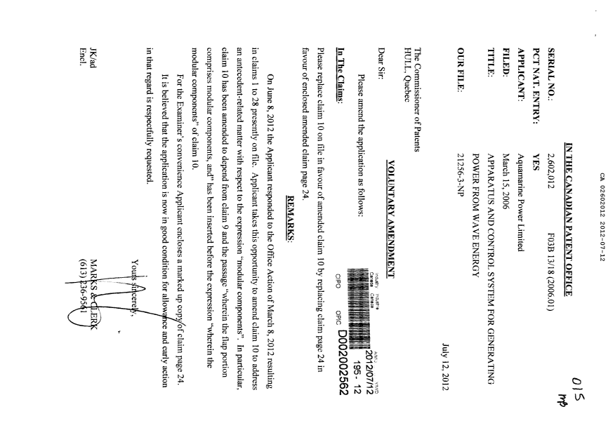 Canadian Patent Document 2602012. Prosecution-Amendment 20120712. Image 1 of 3