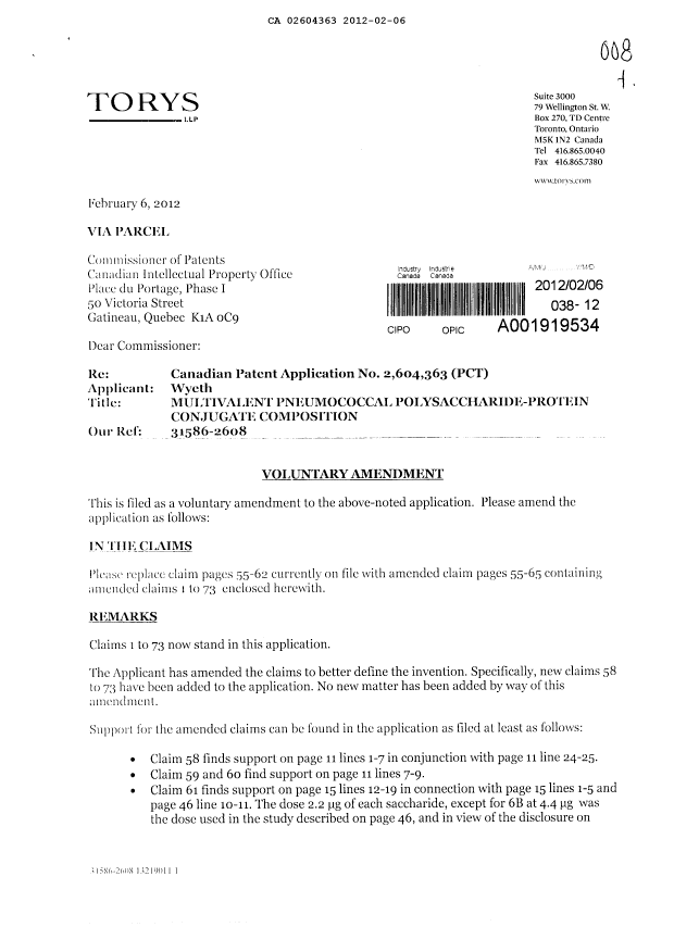 Document de brevet canadien 2604363. Poursuite-Amendment 20111206. Image 1 de 13