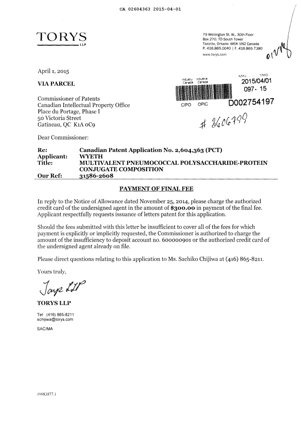 Canadian Patent Document 2604363. Correspondence 20141201. Image 1 of 1