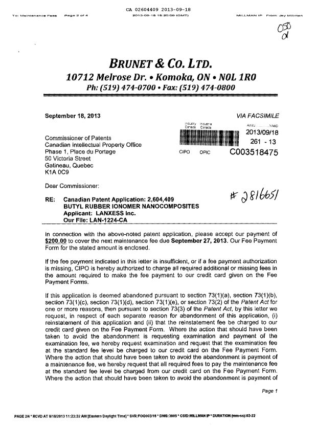 Canadian Patent Document 2604409. Fees 20121218. Image 1 of 3