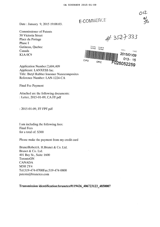Canadian Patent Document 2604409. Correspondence 20141209. Image 1 of 2