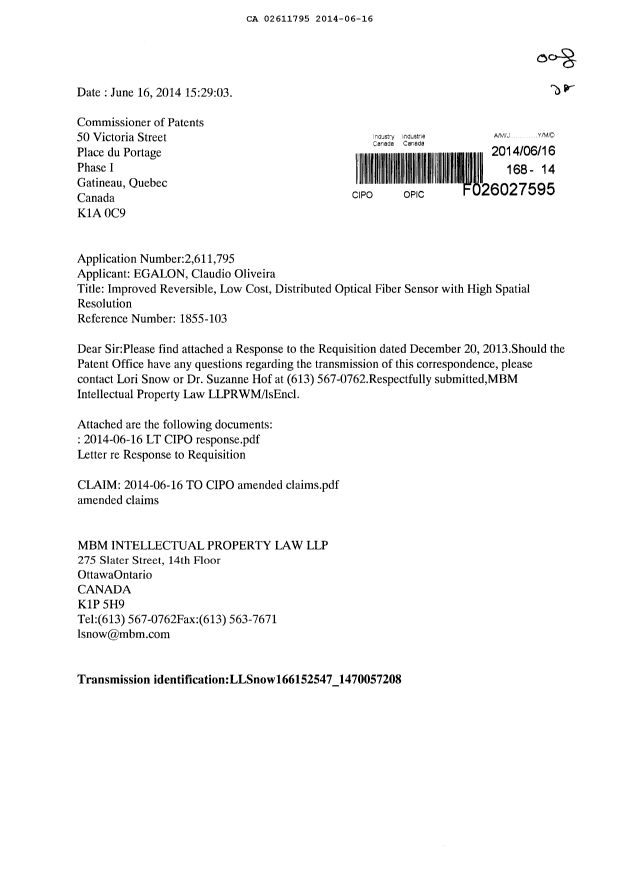 Canadian Patent Document 2611795. Prosecution-Amendment 20131216. Image 1 of 12