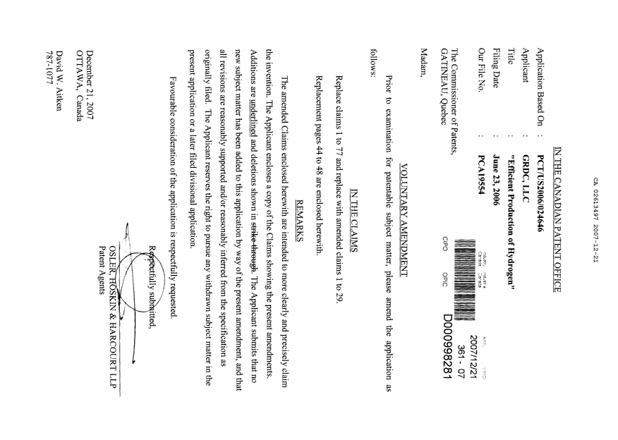 Document de brevet canadien 2613497. Poursuite-Amendment 20071221. Image 1 de 12