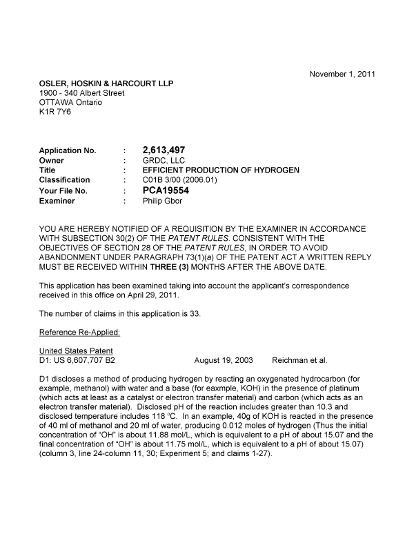 Canadian Patent Document 2613497. Prosecution-Amendment 20111101. Image 1 of 4
