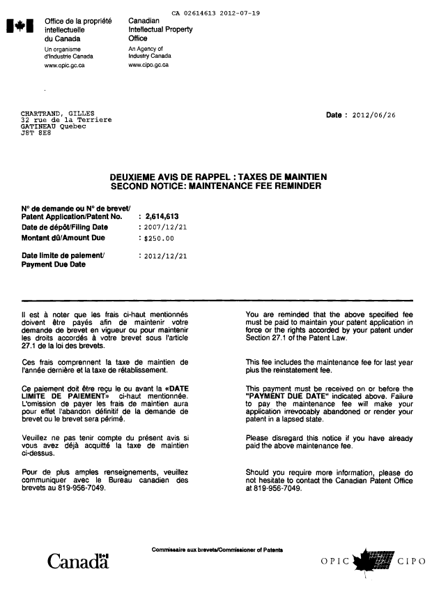 Document de brevet canadien 2614613. Correspondance 20111219. Image 1 de 2