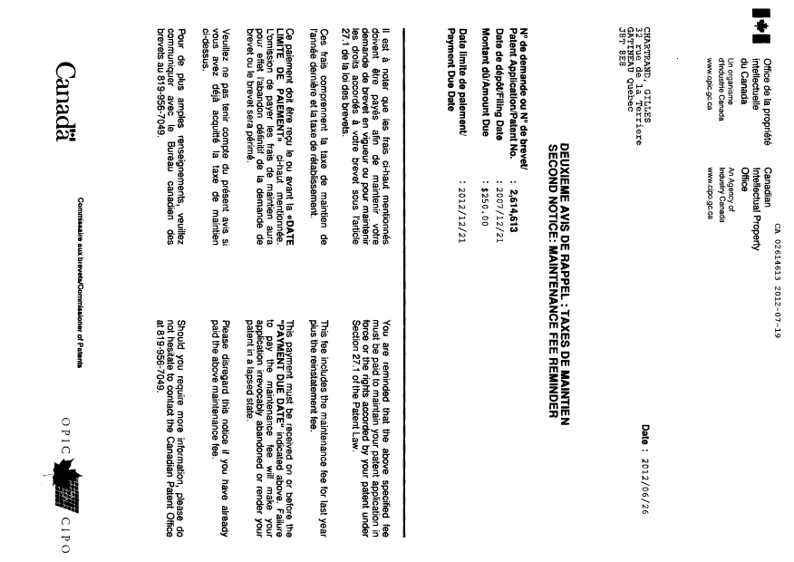 Document de brevet canadien 2614613. Correspondance 20111219. Image 1 de 2