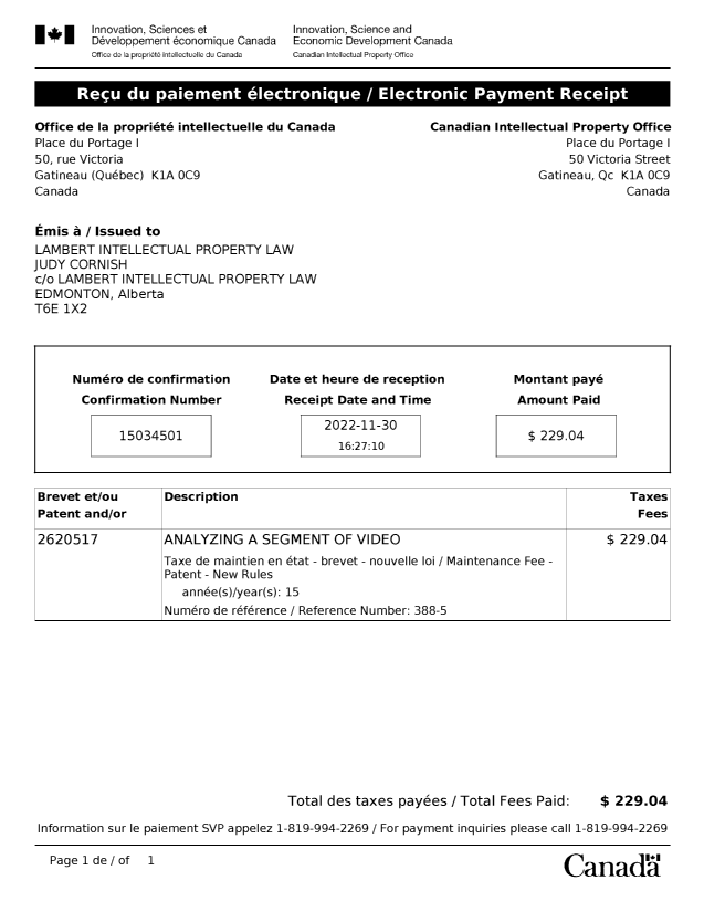 Document de brevet canadien 2620517. Paiement de taxe périodique 20221130. Image 1 de 1