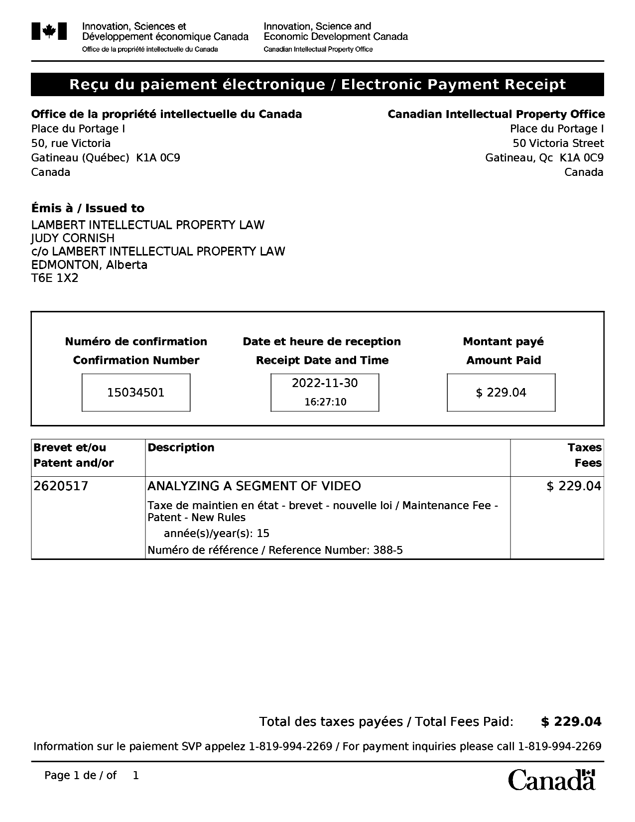 Canadian Patent Document 2620517. Maintenance Fee Payment 20221130. Image 1 of 1