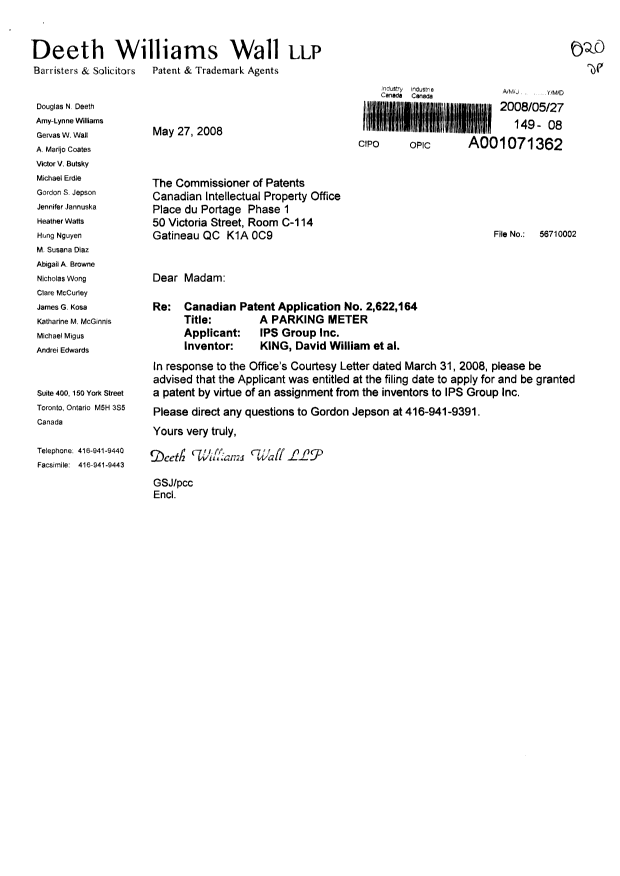 Document de brevet canadien 2622164. Correspondance 20080527. Image 1 de 1