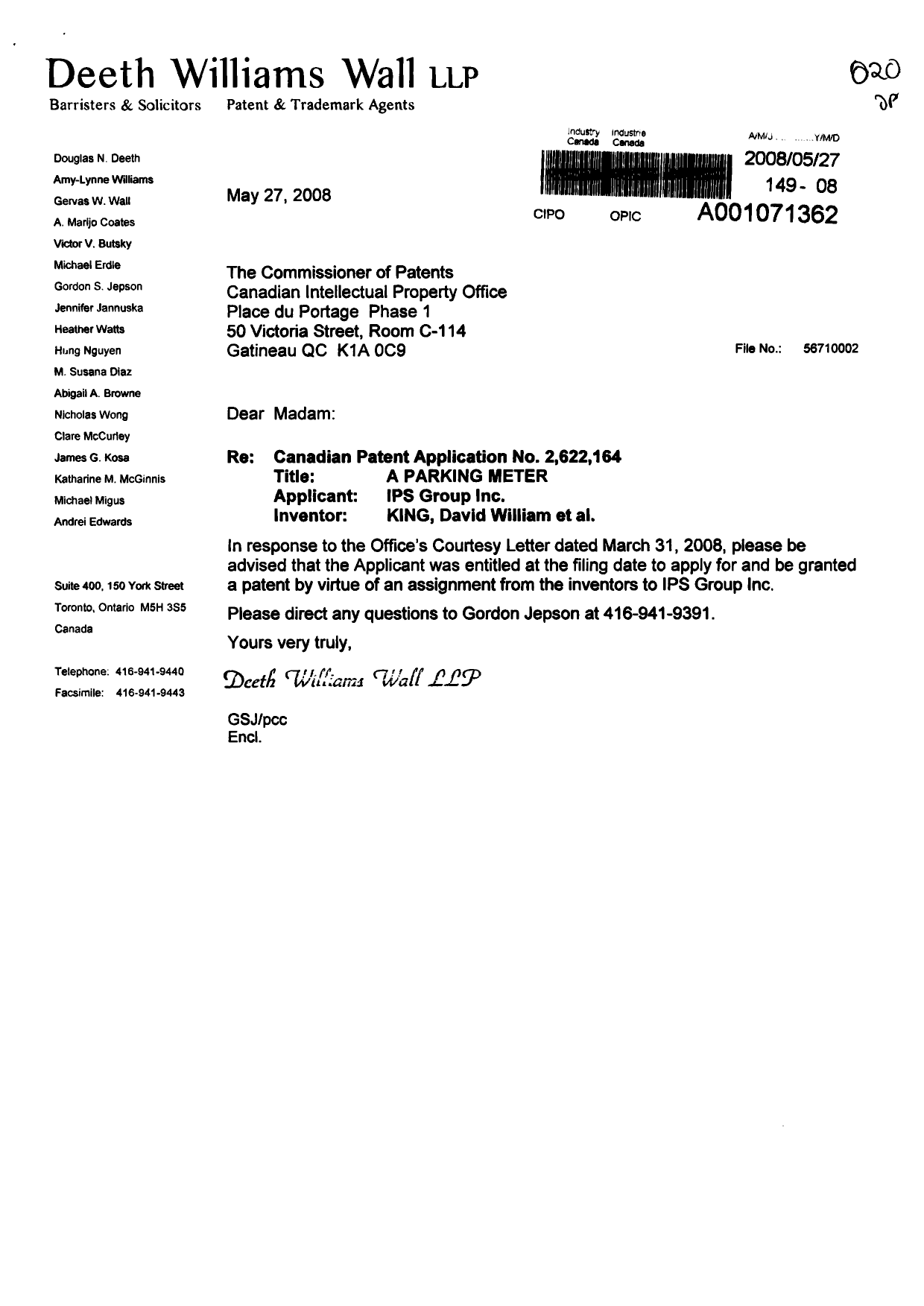 Canadian Patent Document 2622164. Correspondence 20080527. Image 1 of 1