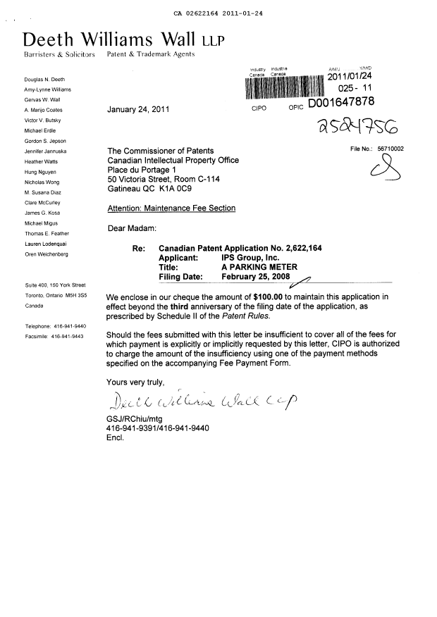 Document de brevet canadien 2622164. Taxes 20110124. Image 1 de 1