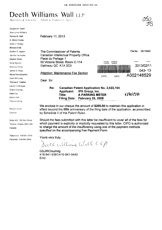 Document de brevet canadien 2622164. Taxes 20130211. Image 1 de 1