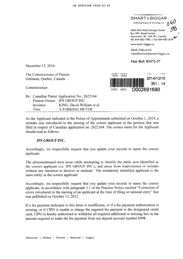 Document de brevet canadien 2622164. Correspondance 20141215. Image 1 de 2