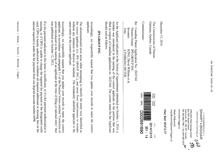 Canadian Patent Document 2622164. Correspondence 20141215. Image 1 of 2