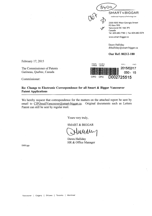 Document de brevet canadien 2622164. Correspondance 20150217. Image 1 de 4
