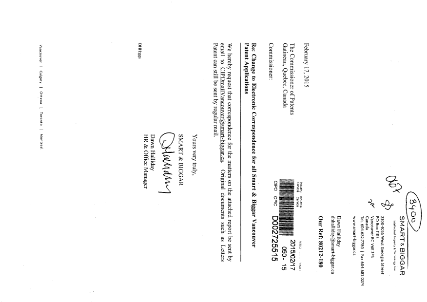 Canadian Patent Document 2622164. Correspondence 20150217. Image 1 of 4