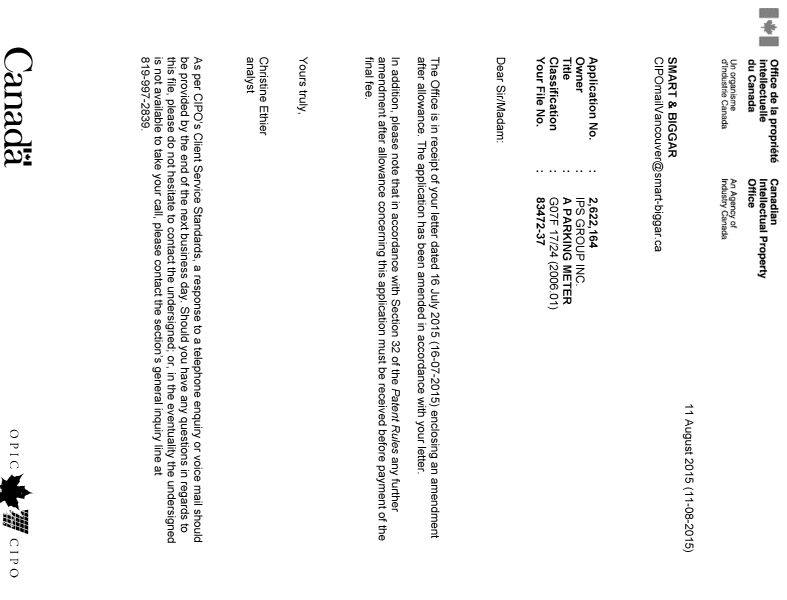 Canadian Patent Document 2622164. Correspondence 20150811. Image 1 of 1