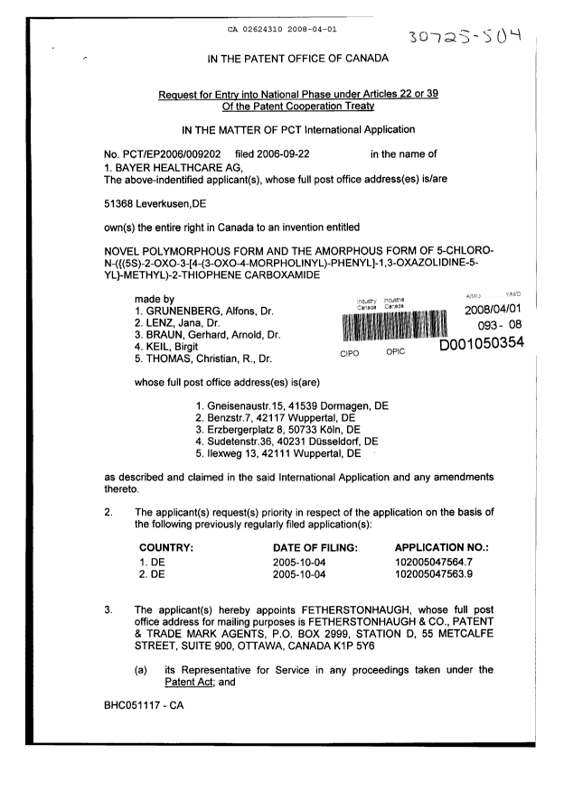 Canadian Patent Document 2624310. Assignment 20071201. Image 2 of 4