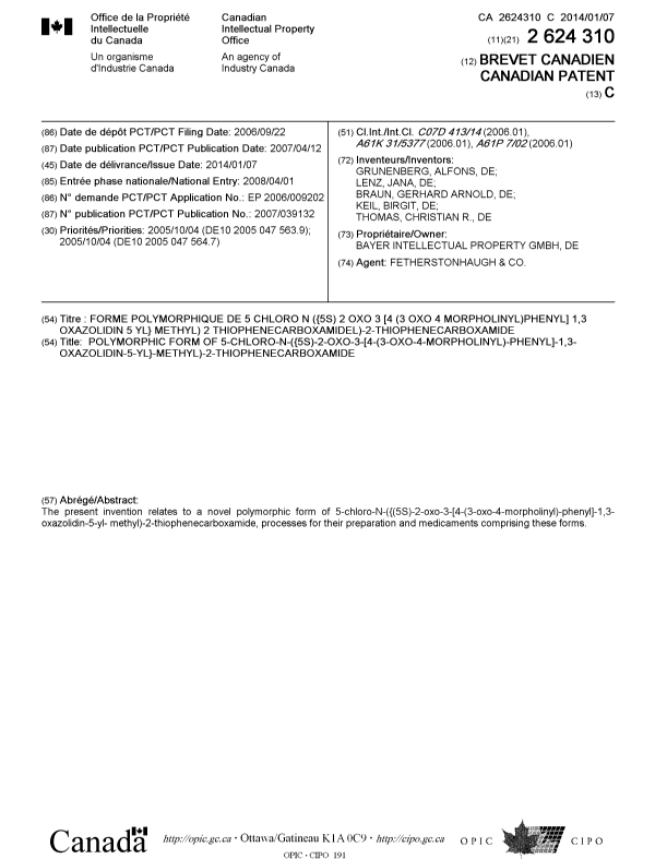 Canadian Patent Document 2624310. Cover Page 20121204. Image 1 of 1