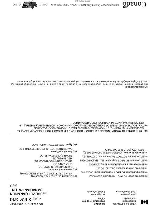 Document de brevet canadien 2624310. Page couverture 20121204. Image 1 de 1