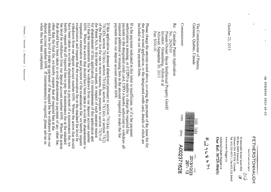 Canadian Patent Document 2624310. Correspondence 20121223. Image 1 of 2