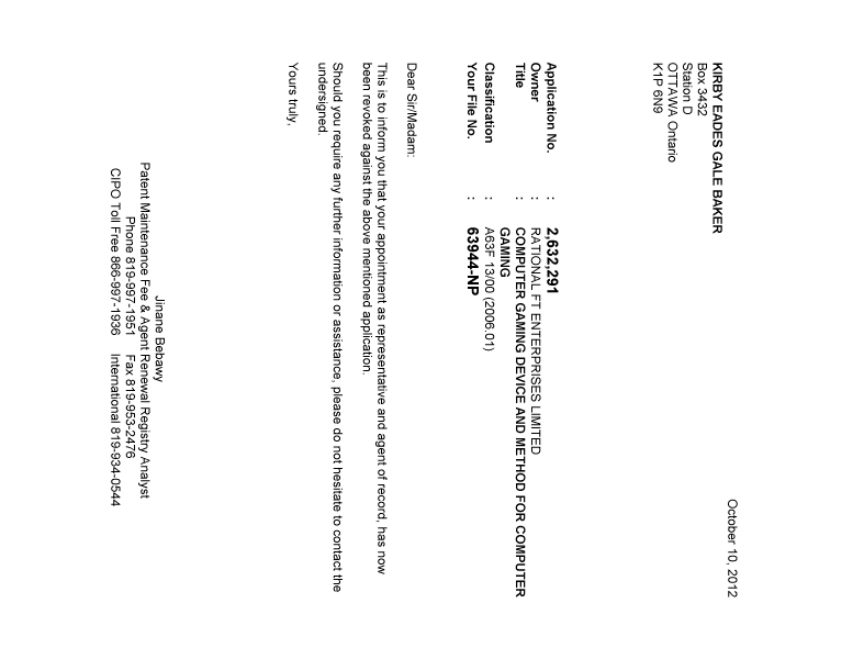 Canadian Patent Document 2632291. Correspondence 20121010. Image 1 of 1