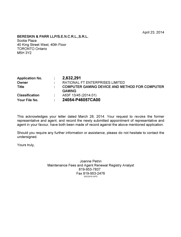 Document de brevet canadien 2632291. Correspondance 20140423. Image 1 de 1
