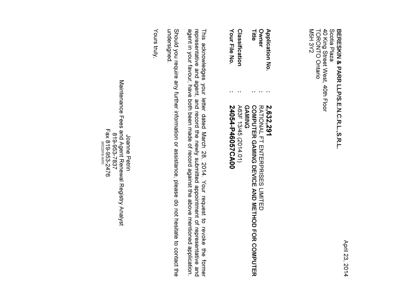 Canadian Patent Document 2632291. Correspondence 20140423. Image 1 of 1
