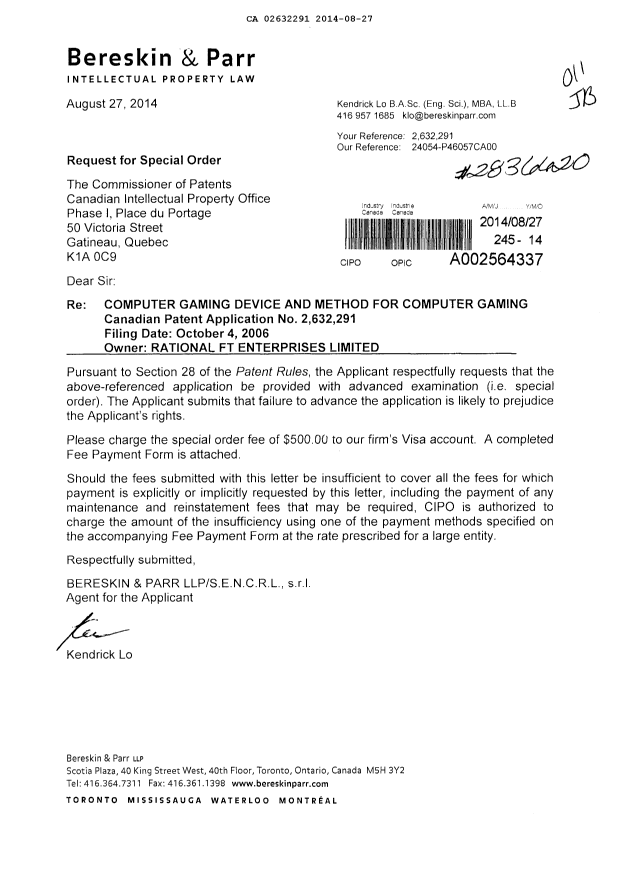 Canadian Patent Document 2632291. Prosecution-Amendment 20140827. Image 1 of 1