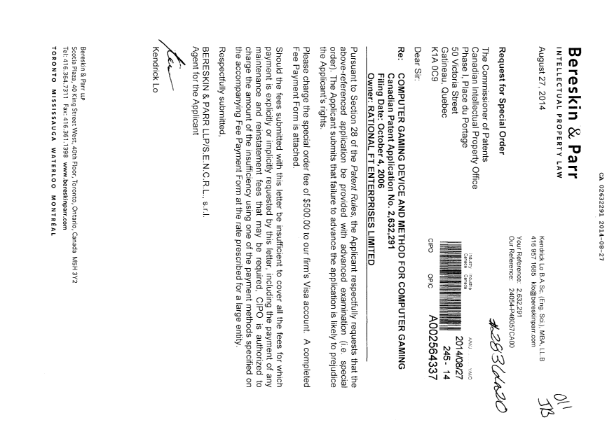 Canadian Patent Document 2632291. Prosecution-Amendment 20140827. Image 1 of 1
