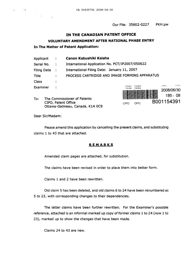 Canadian Patent Document 2635791. Prosecution-Amendment 20080630. Image 1 of 29