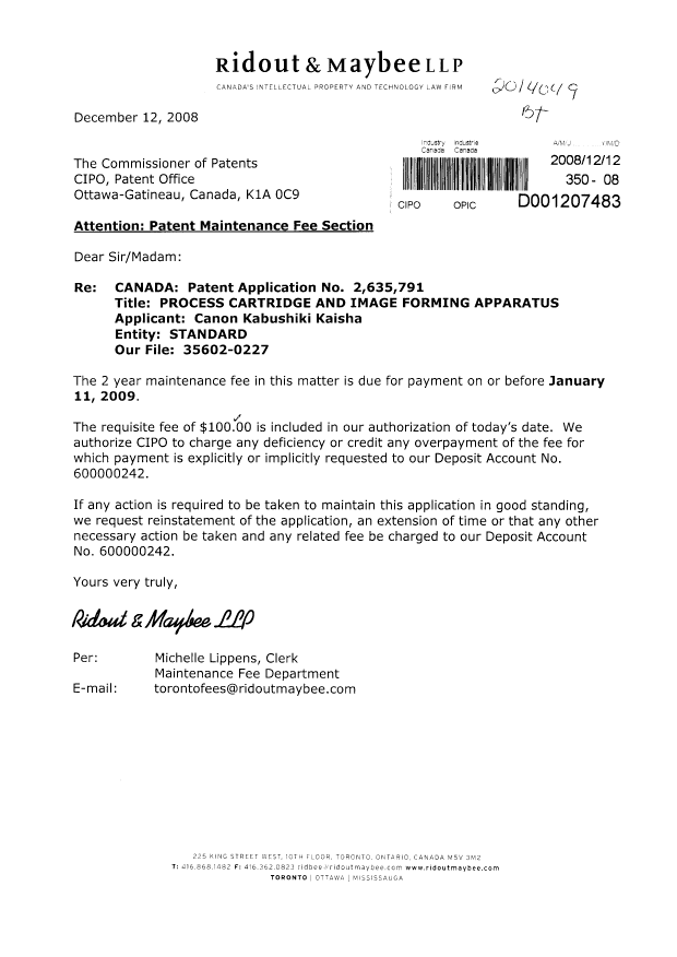 Canadian Patent Document 2635791. Fees 20081212. Image 1 of 1