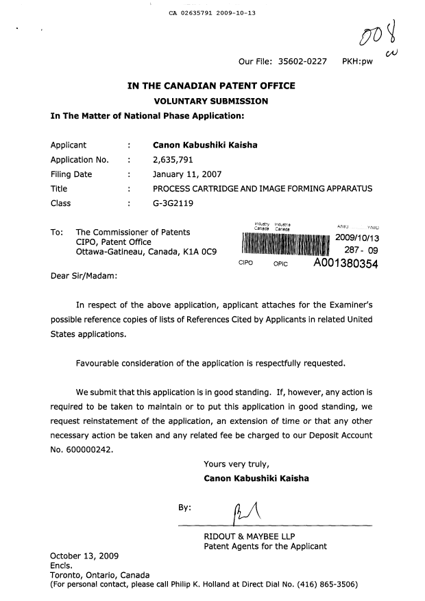 Canadian Patent Document 2635791. Prosecution-Amendment 20091013. Image 1 of 1