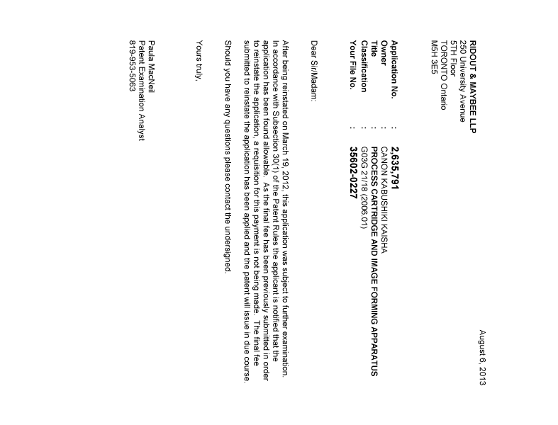 Canadian Patent Document 2635791. Correspondence 20130806. Image 1 of 1
