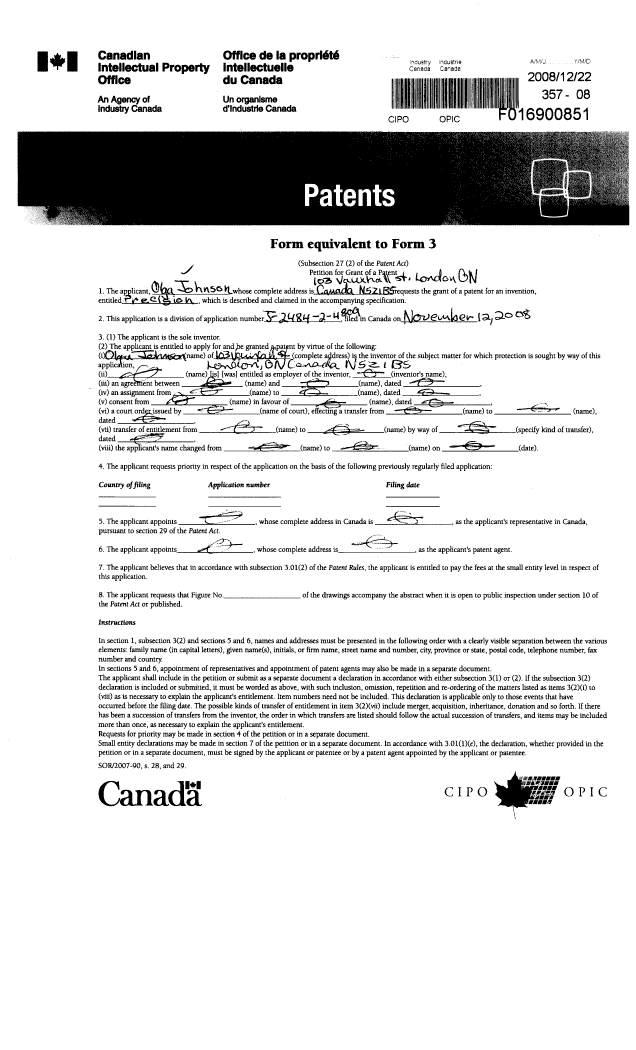 Canadian Patent Document 2645815. Assignment 20081222. Image 2 of 4
