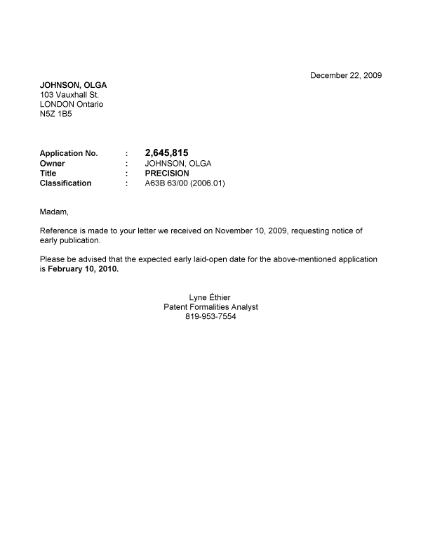 Document de brevet canadien 2645815. Correspondance 20091216. Image 1 de 1