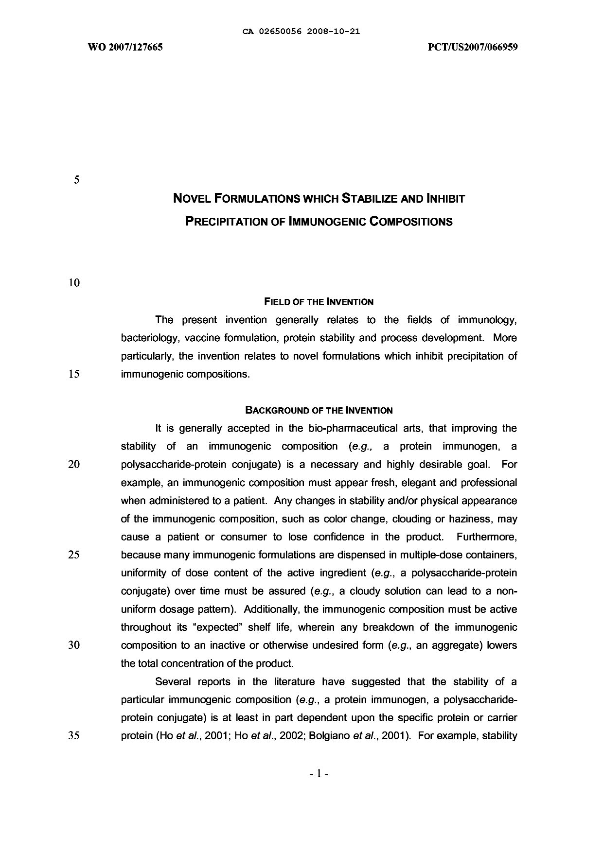 Document de brevet canadien 2650056. Description 20071221. Image 1 de 42
