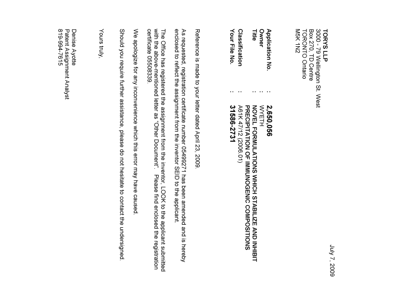Canadian Patent Document 2650056. Correspondence 20081207. Image 1 of 1