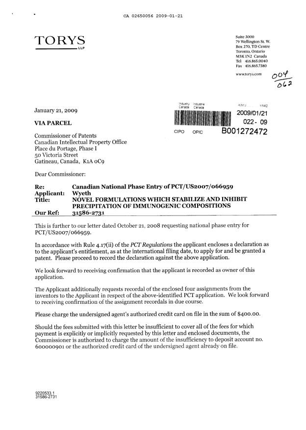 Canadian Patent Document 2650056. Correspondence 20081221. Image 1 of 3