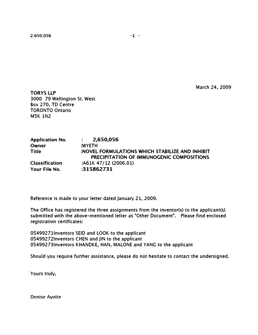 Canadian Patent Document 2650056. Correspondence 20081224. Image 1 of 2