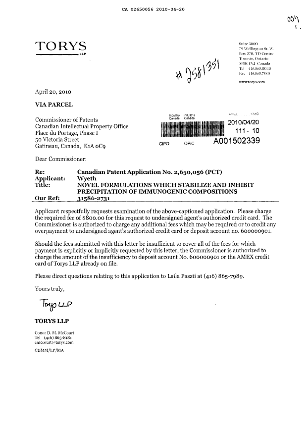 Document de brevet canadien 2650056. Poursuite-Amendment 20100420. Image 1 de 1