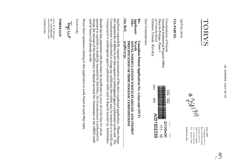 Document de brevet canadien 2650056. Poursuite-Amendment 20100420. Image 1 de 1