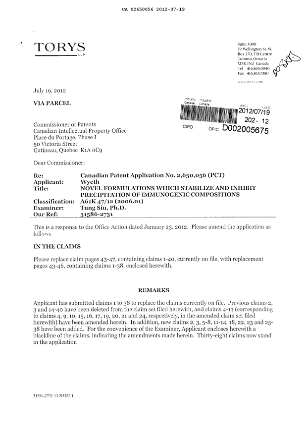 Canadian Patent Document 2650056. Prosecution-Amendment 20111219. Image 1 of 16