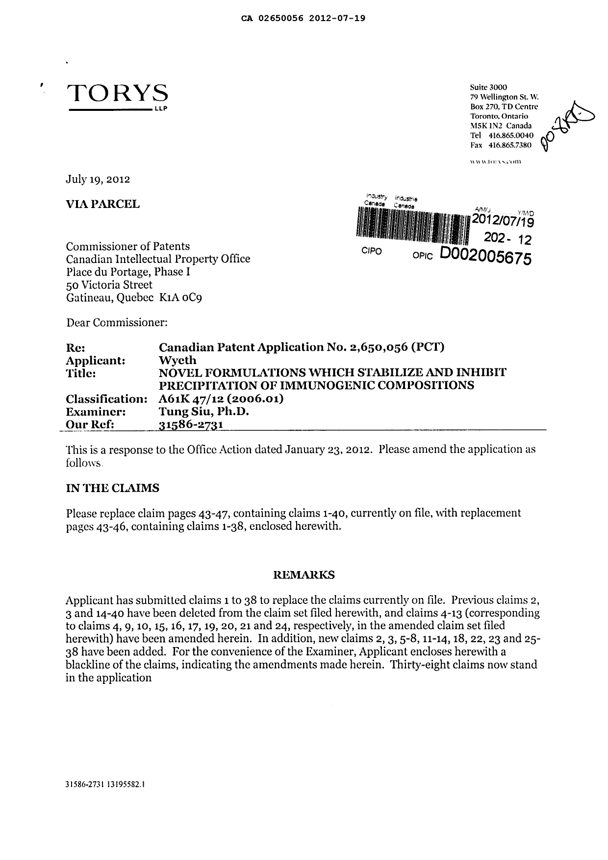 Canadian Patent Document 2650056. Prosecution-Amendment 20111219. Image 1 of 16