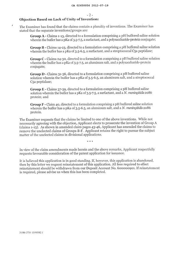 Canadian Patent Document 2650056. Prosecution-Amendment 20111219. Image 2 of 16